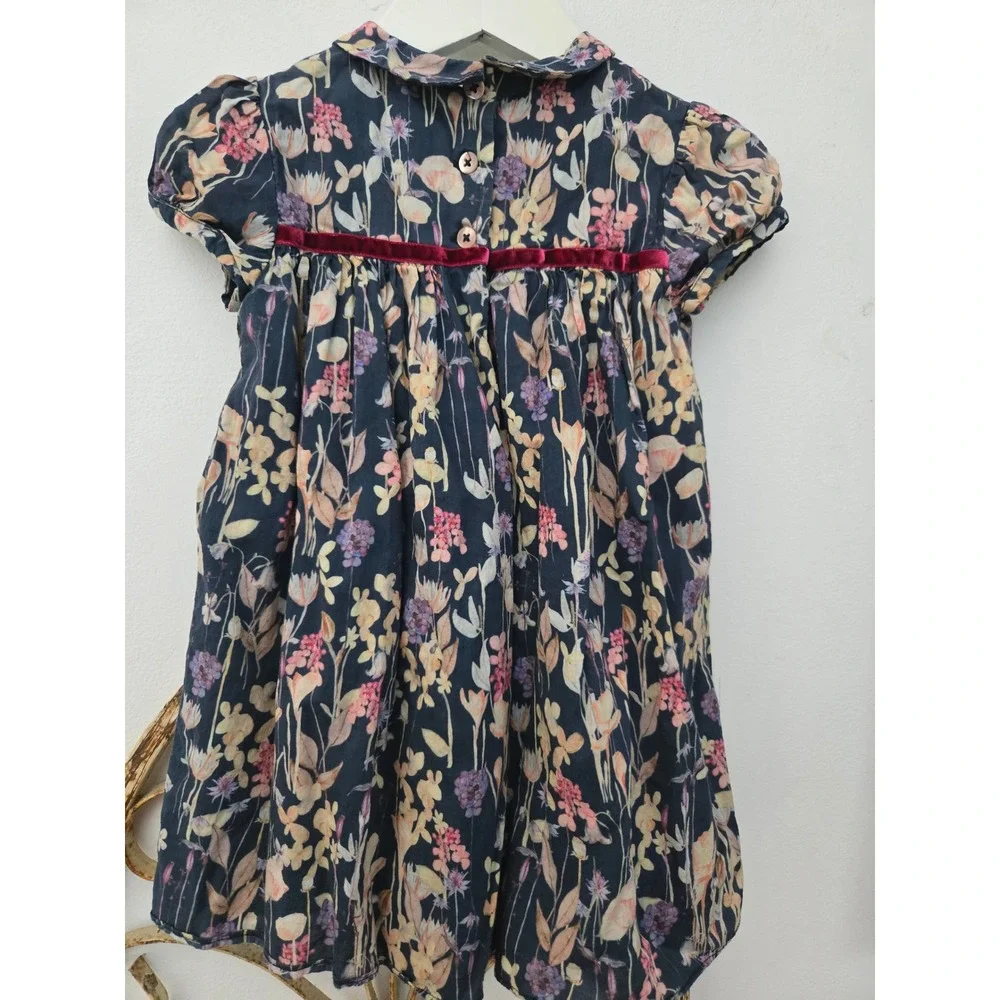 Marie Chantal Floral Dress Girl's 24M Peter Pan Collar‎ Velvet Trim Navy